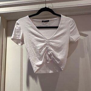 Zara White Short Sleeve Ruched Crop Tee